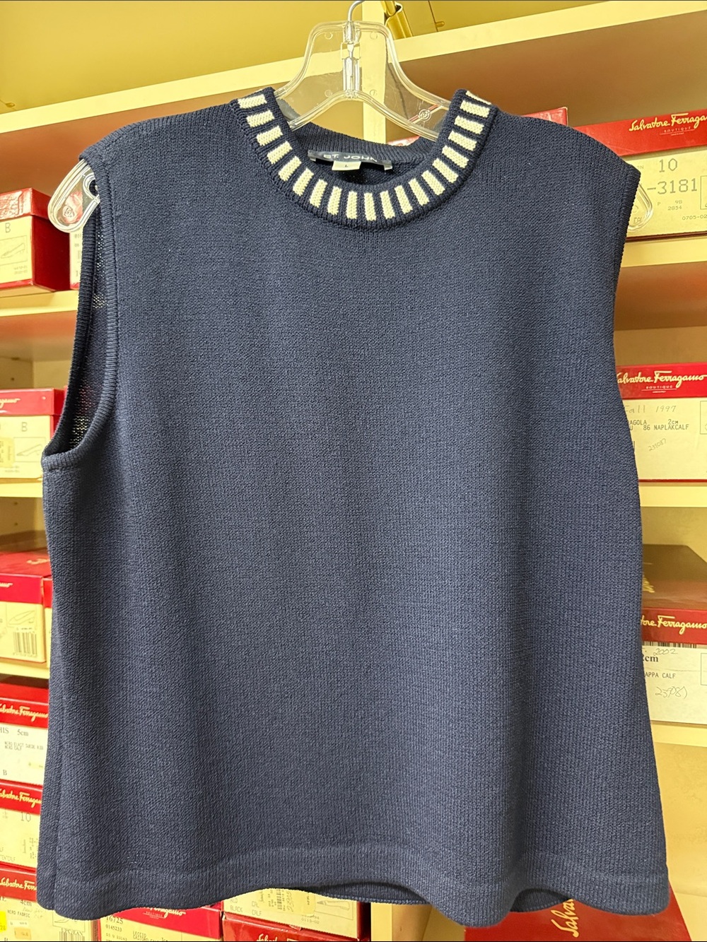 St. John Navy Sleeveless Knit Top with Contrast Neckline